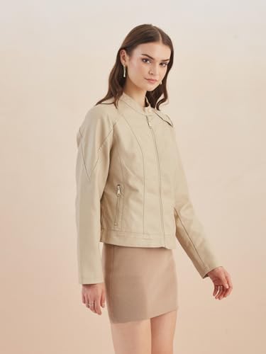 Latin Quarters Women's Beige Solid Full Sleeves Mandarin Neck Casual Biker Jacket_L