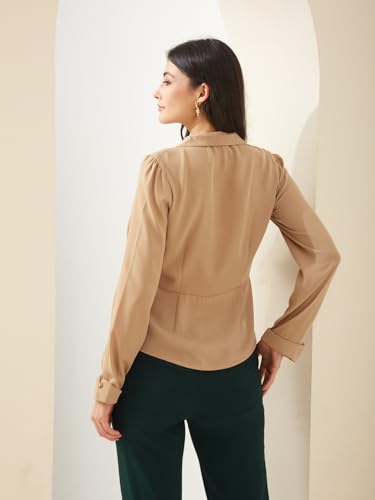 Latin Quarters Women Beige Collared Full Sleeves Solid Casual Shirt_XXL