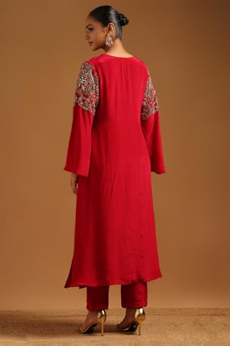 Soch Womens Fuchsia Crepe Embellished Co-Ords Set With Beads And Stones