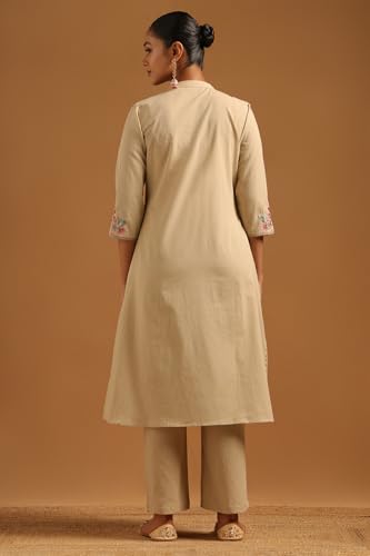 Soch Womens Beige Pure Cotton Solid Kurta Set With Kantha Embroidery