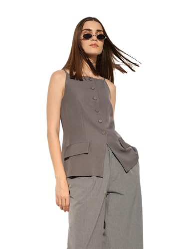 ONLY Women's Solid Regular Fit Grey Waistcoat