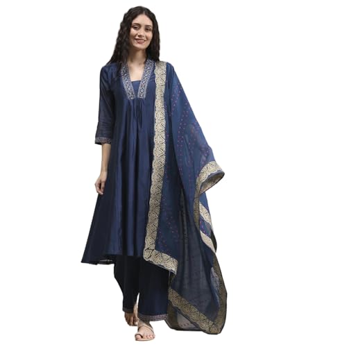 Biba Women Blue Chanderi Gathered Dyed Kurta Set_42