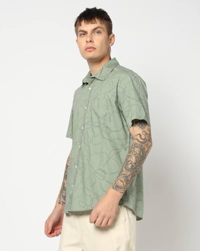 Men Floral Spread Collar Half Sleeve Shirts, Green, M