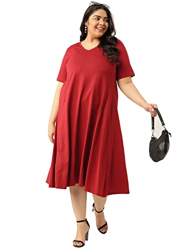 theRebelinme Plus Size Women's 4814DC_Maroon Solid Color V-Neck Cotton A-Line Dress(XXXXXL)