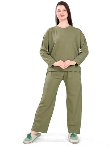 Slumberbe Women's Winter Night Suit Set | Stylish Cotton Full Sleeves Coords Set | Olive Green