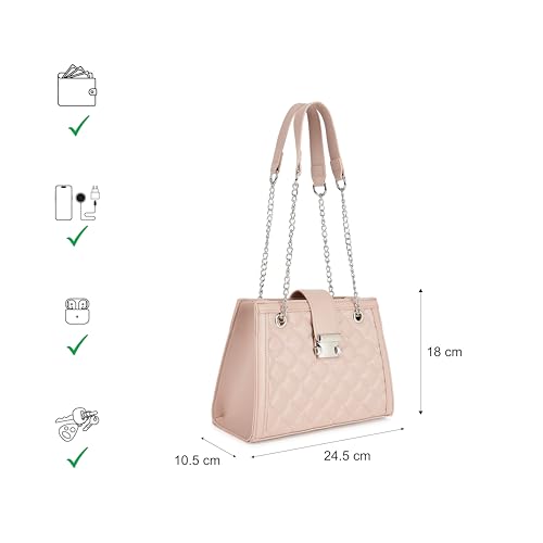 Pink SnapLock Shoulder Bag | Quilted Faux-Leather Women’s Handbag |Bag with Chain Strap & Dual Closure