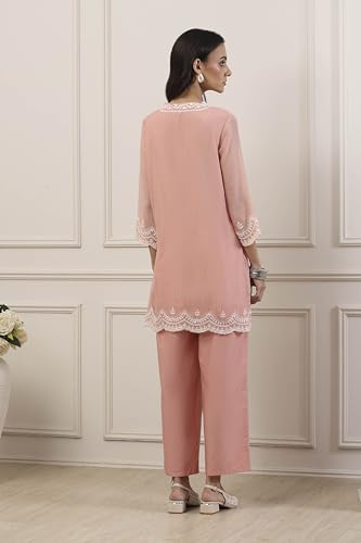 BIBA Women Peach Silk Chanderi Straight Suit Set_42