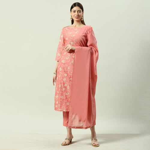 Biba Women Blush Pink Printed Straight Kurta Regular Pants Suit Set_46
