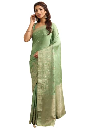 Soch Womens Olive Satin Botanical Zari Woven Saree