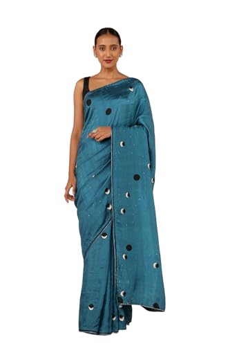 Taneira Women Blue Contemporary Pure Silk Block Print Saree with Unstitched Blouse Piece (SHH08D00032-Blue)