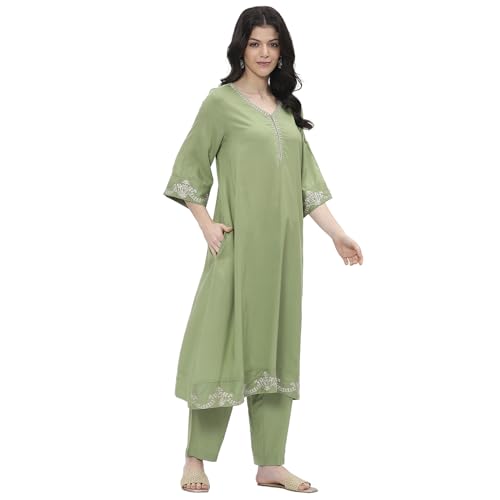 Biba women Olive Green Viscose Rayon A-line Kurta Set_46