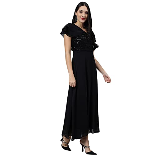 Latin Quarters Women's Black Half Sleeve Solid Maxi Dress