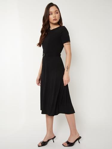Max Women Textured A-line Belted Dress (Black_S)