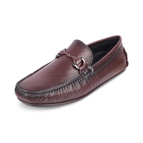 tresmode MEROC Men's Driving Loafers Leather Shoes Brown, 9 UK / 43 EU - Round Toe TPR Sole Casual Footwear Penny Soft - Light Weight, Comfortable and Long Life