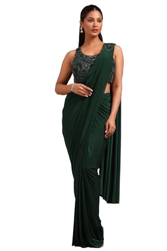 Soch Womens Green Nylon Blend Solid Ready To Wear Saree With Beads And Stones