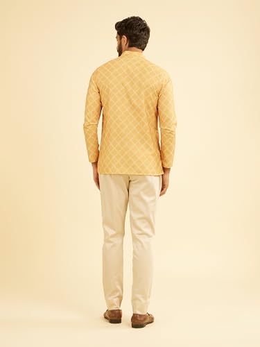 Manyavar Men's Cotton Blend Geometric Printed Short Kurta (Mustard,L)