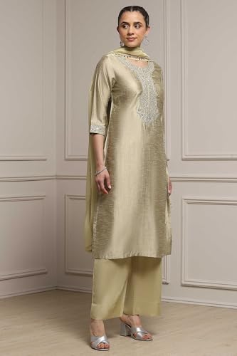 Biba Women Light Green Viscose Blend Straight Dyed Suit Set_42