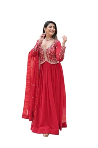 Designer Red Anarkali Gown, Embroidered Georgette Floor Length Dress with Dupatta, Traditional Indian (in, Alpha, M, Regular)