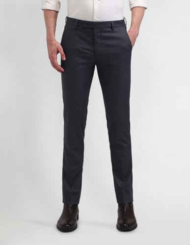 Arrow Men's Blue Solid Mid Rise Polyester Hook and Eye Slim Fit Flat Front Slant Pocket Trousers (ARAITR2082_Blue_42)