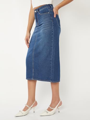 Max Women Washed Denim Skirt (Blue_36)