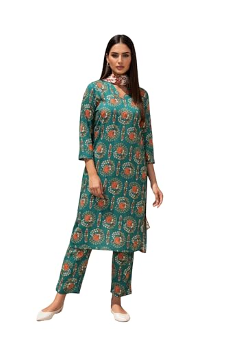 W for Woman Green Floral Printed Rayon Straight Kurta with Straight Pant and Dupatta Set (WS13526-127092-L)