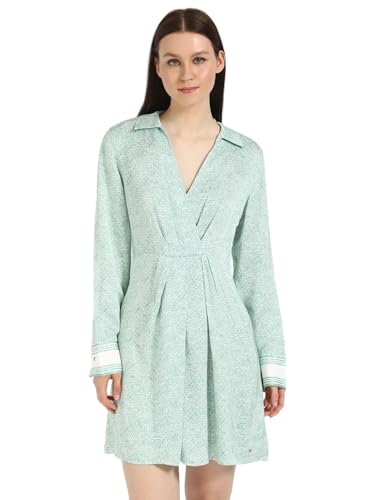 Viscose Spread Collar A-Line Dress Green