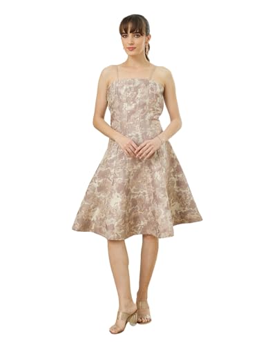 Latin Quarters Women's Beige Strappy Square Neck Party Self Design Dress_S