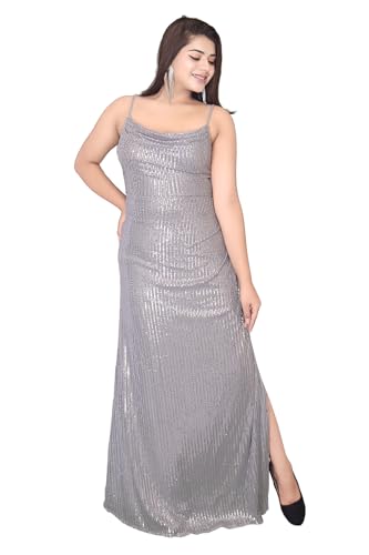 TC TABIYA COLLECTION Women's Silver Sequin Maxi Evening Gown | Spaghetti Strap Shimmer Party Dress with Side Slit