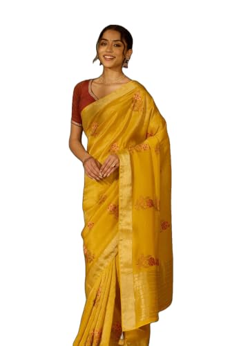 Taneira Yellow Viscose Tissue Embroidered SareeWith Unstitched Blouse(SAPP18AE0730-Yellow)