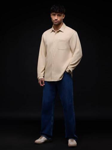 The Souled Store Textured Shirt: Dune Men and Boys Long Sleeve Spread Collar Beige Casual Easy to Style Everyday Office Wear Cotton Solid Relaxed Shirt