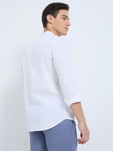 Raymond Men Regular Fit Chambray Pattern Cotton Linen Blend Mandarin Collar Full Sleeve Casual Shirt (Size: 39)-RCSM01923-W0