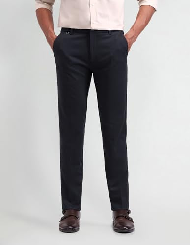 Arrow New York Men's Blue Self-Design Mid Rise Polyester Button Slim Fit Flat Front Slant Pocket Trousers (ANAITR2272_Blue_40)