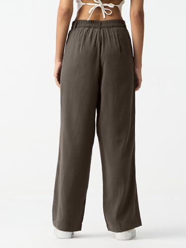 The Souled Store Pleated Trousers: Taupe Women and Girls Solid Viscose Blend Straight Fit Mid Rise Wide Leg Pleated Front Elastic Back Pants