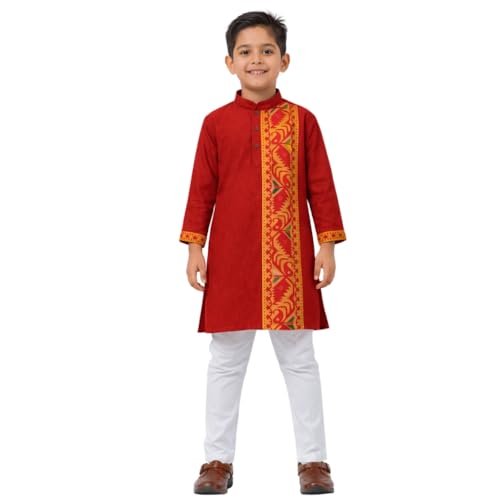 PEKABU Kurta Pajama for Kids Boys – Jamdani Border Kurta with Elastic Waist Pyjama Set, 1-12 Years (Red, 6-7 Years)