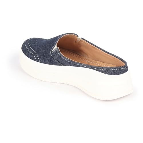 FAUSTO FST FJDWC-7014 NAVY-38 Women's Navy Blue Fashion Classic Stitched Upper Denim Open Back Slip On Height Enhancer Casual Shoes (5 UK)