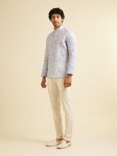 Manyavar Men's Cotton Blend Grid Patterned Short Kurta (Light Grey,XL)