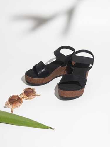 Women Black Textured Open-Toe Wedges