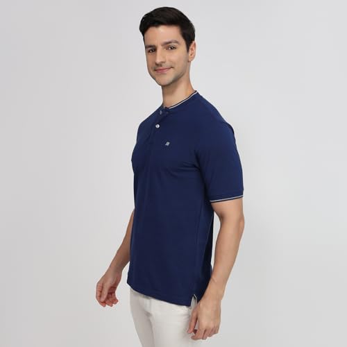 Raymond Men Modern Fit Solid Pattern Pure Cotton Half Sleeve Polo Neck Casual T-Shirt Blue