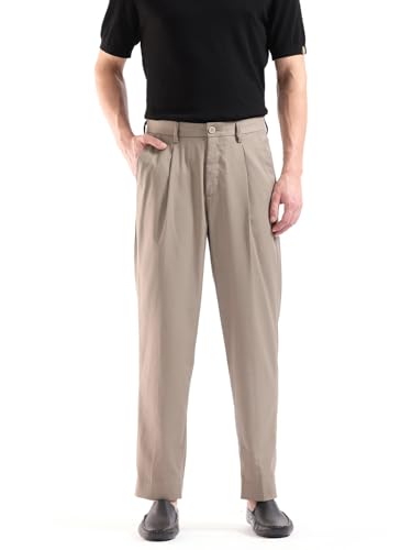 RARE RABBIT Men's Windsor Dark Beige Cotton Plain Relaxed Fit Trouser
