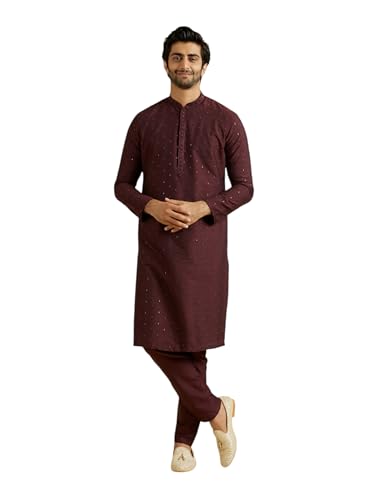 Manyavar Men's Viscose Blend Embellished Classic Kurta Pyjama Set (Wine,XXL)