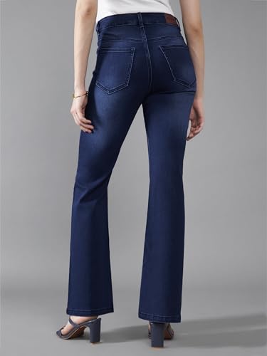 Dolce Crudo Women's High-Rise Regular-Length Stretchable Flared Denim Jeans (DOSS24DEN12-92-71-38, Navy Blue, 38)