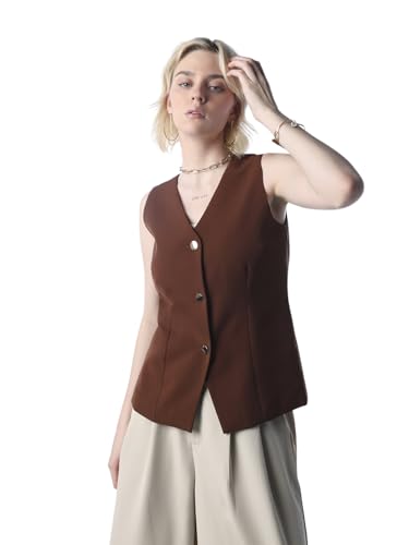 ONLY Women's Solid Regular Fit Brown Waistcoat