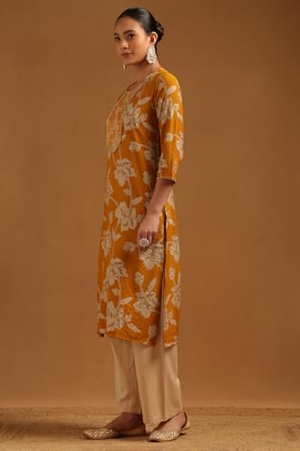 Soch Womens Mustard Chanderi Floral Embroidered Kurta