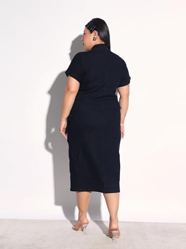 Sassafras Curve Women Black Blast Denim Front Ruching Bodycon Dress-6XL