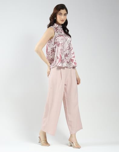 Monte Carlo Women Printed Co-ord Set | Regular Fit | Sleeveless Top | Band Neck | Elastic Waist | Wide Leg Pant | Casual Loungewear Set for Women's Pink L (Pack of 1)