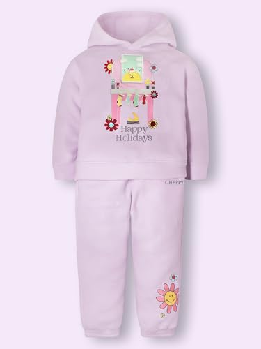 Cherry Crumble Lilac Solid Polyester Hooded Applique with Embroidery Girls Winter Sweatshirt Set