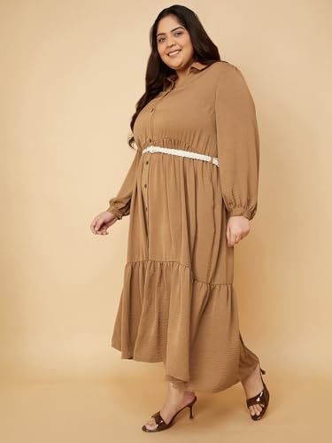 Max Women Textured A-line Tiered Shirt Dress with Belt (Beige_5XL)