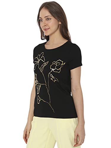 Vero Moda Women's Cotton Blend Regular Fit Black T-Shirt_Large