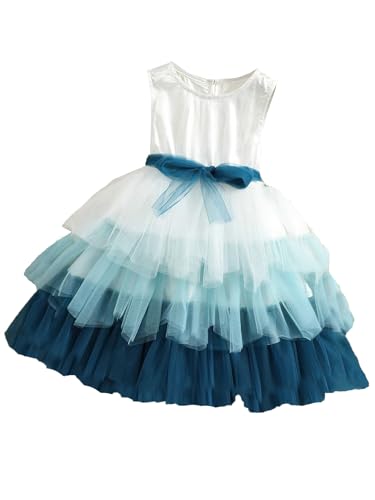 TAGAS Girls Colorblock Mesh Layered Fit and Flare Hem Dress (7-8 Years) Blue
