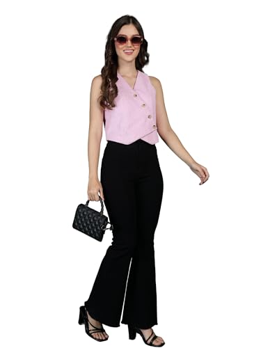 BIRDIE Women’s Corduroy Sleeveless V-Neck Waistcoat | Stylish Layering Top | Casual Office Wear (Baby Pink, L)